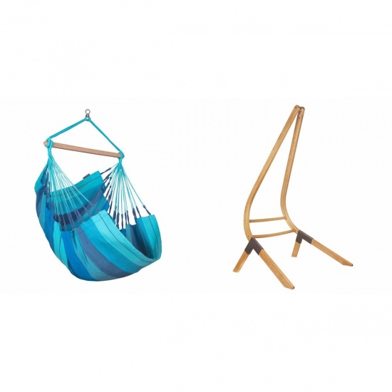 LA SIESTA - Chaise-Hamac Basic HABANA Lagoon (Coton Bio) + Support bois Universel CALMA Nature pour hamac chaise