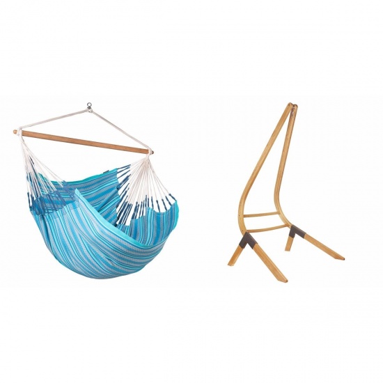 LA SIESTA - Chaise-Hamac Comfort HABANA Azure en coton bio + Support bois Universel CALMA Nature pour hamac chaise