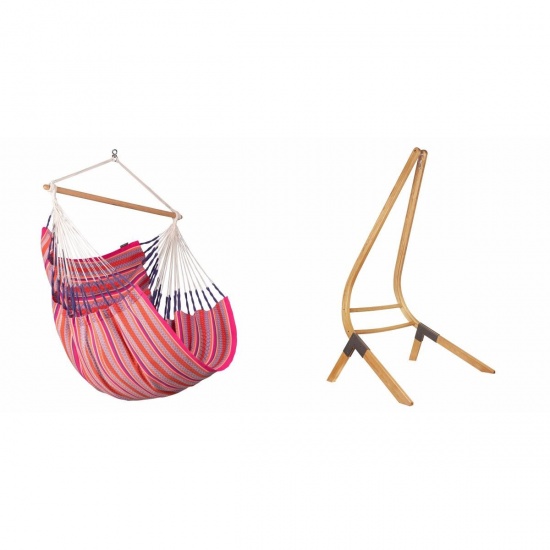 LA SIESTA - Chaise-Hamac Comfort HABANA Flamingo en coton bio + Support bois Universel CALMA Nature pour hamac chaise
