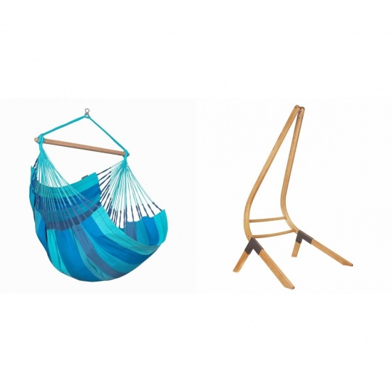 LA SIESTA - Chaise-Hamac Comfort HABANA Lagoon (coton bio) + Support bois Universel CALMA Nature pour hamac chaise