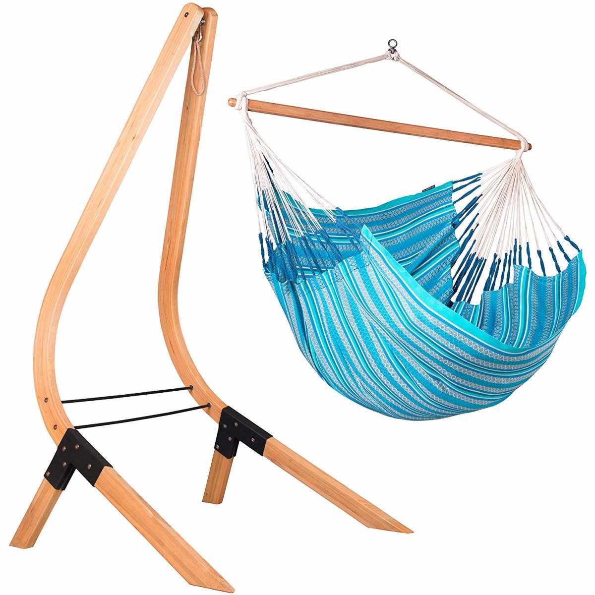LA SIESTA- Chaise Hamac Habana Kingsize Azure coton bio + Support en Bois Vela